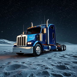 A shiny dark blue Kenworth T680 truck poised on the moon's surface, set against a breathtaking backdrop filled with a multitude of twinkling stars