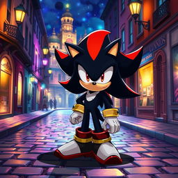 A striking illustration of Shadow the Hedgehog standing still in a picturesque old street at night, surrounded by a beautifully illuminated city