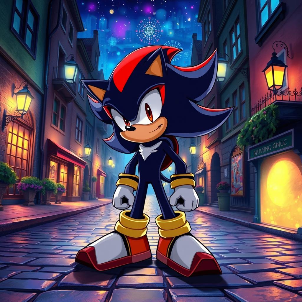 A striking illustration of Shadow the Hedgehog standing still in a picturesque old street at night, surrounded by a beautifully illuminated city