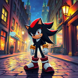 A striking illustration of Shadow the Hedgehog standing still in a picturesque old street at night, surrounded by a beautifully illuminated city