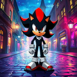 A striking illustration of Shadow the Hedgehog standing still in a picturesque old street at night, surrounded by a beautifully illuminated city