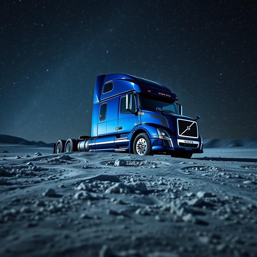 A shiny dark blue Volvo semitruck positioned on the surface of the moon, surrounded by a stunning tapestry of stars twinkling brightly in the expansive night sky