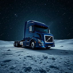 A shiny dark blue Volvo semitruck positioned on the surface of the moon, surrounded by a stunning tapestry of stars twinkling brightly in the expansive night sky