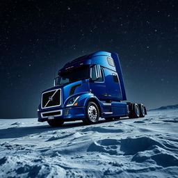 A shiny dark blue Volvo semitruck positioned on the surface of the moon, surrounded by a stunning tapestry of stars twinkling brightly in the expansive night sky