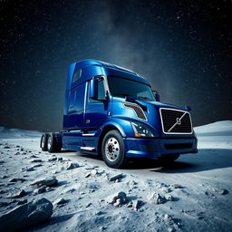 A shiny dark blue Volvo semitruck positioned on the surface of the moon, surrounded by a stunning tapestry of stars twinkling brightly in the expansive night sky