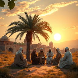 A serene landscape depicting a gathering of sahabah (companions of the Prophet Muhammad) in a historical setting, with traditional Middle Eastern architecture in the background
