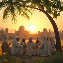 A serene landscape depicting a gathering of sahabah (companions of the Prophet Muhammad) in a historical setting, with traditional Middle Eastern architecture in the background