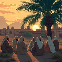 A serene landscape depicting a gathering of sahabah (companions of the Prophet Muhammad) in a historical setting, with traditional Middle Eastern architecture in the background