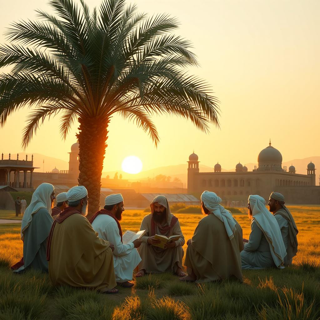A serene landscape depicting a gathering of sahabah (companions of the Prophet Muhammad) in a historical setting, with traditional Middle Eastern architecture in the background