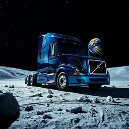 A shiny dark blue Volvo semitruck situated on the lunar surface, surrounded by a dazzling array of stars twinkling in the deep black sky, with Earth visible in the background as a colorful beacon