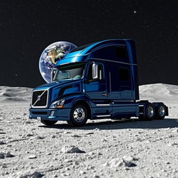A shiny dark blue Volvo semitruck situated on the lunar surface, surrounded by a dazzling array of stars twinkling in the deep black sky, with Earth visible in the background as a colorful beacon