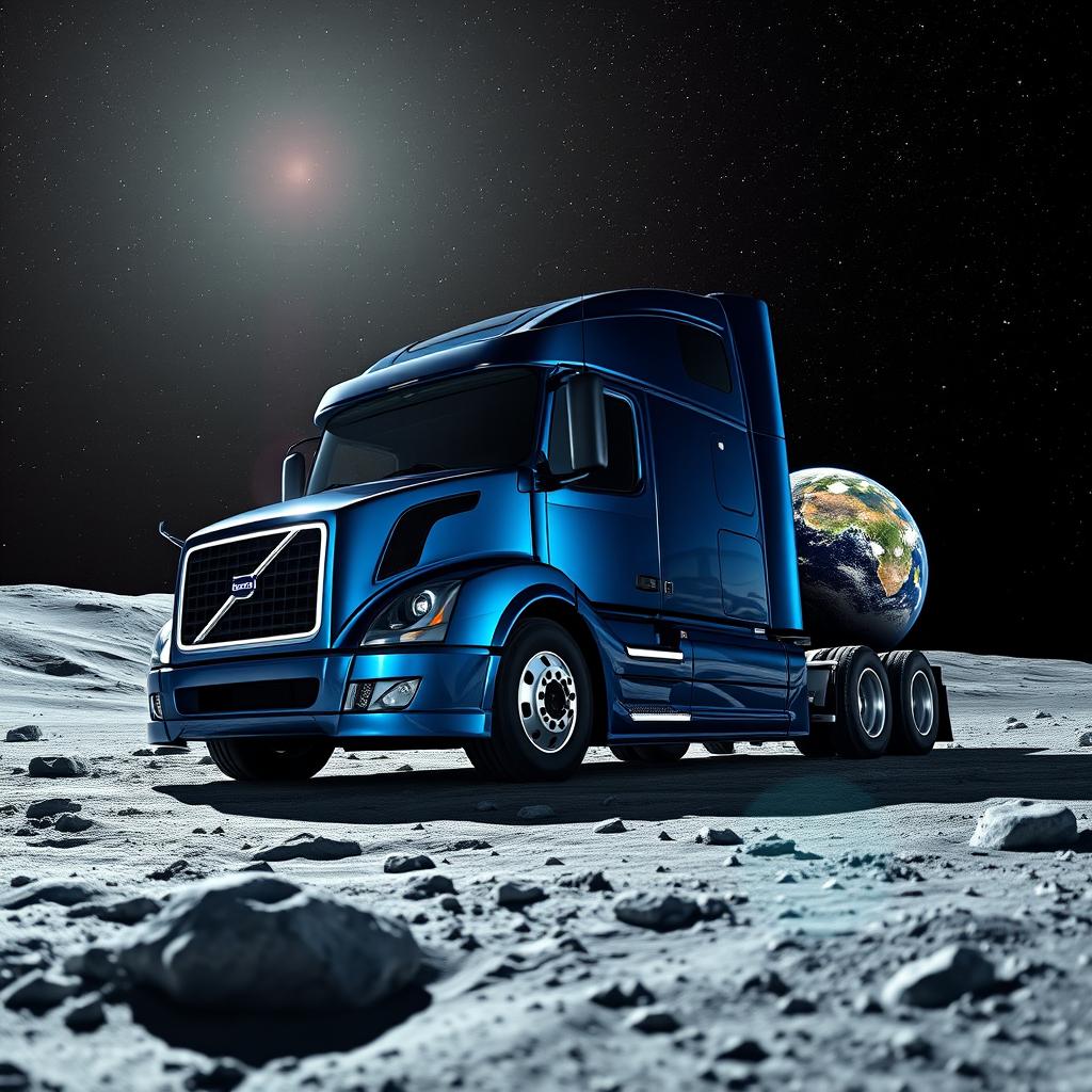 A shiny dark blue Volvo semitruck situated on the lunar surface, surrounded by a dazzling array of stars twinkling in the deep black sky, with Earth visible in the background as a colorful beacon