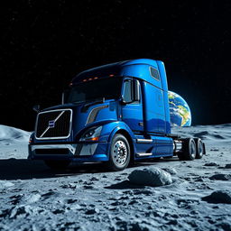 A shiny dark blue Volvo semitruck situated on the lunar surface, surrounded by a dazzling array of stars twinkling in the deep black sky, with Earth visible in the background as a colorful beacon