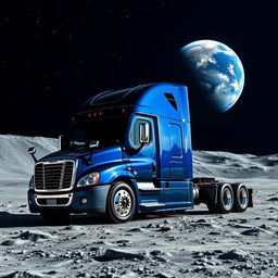 A shiny dark blue Freightliner Cascadia positioned on the lunar surface, surrounded by an abundant array of stars sparkling in the deep black sky