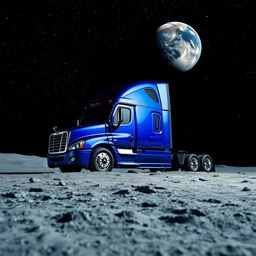 A shiny dark blue Freightliner Cascadia positioned on the lunar surface, surrounded by an abundant array of stars sparkling in the deep black sky