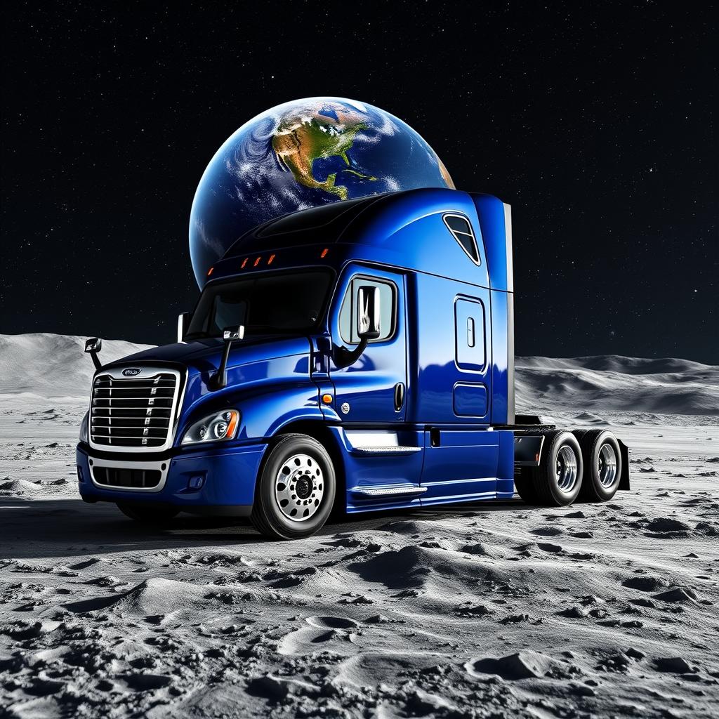 A shiny dark blue Freightliner Cascadia positioned on the lunar surface, surrounded by an abundant array of stars sparkling in the deep black sky