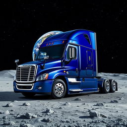 A shiny dark blue Freightliner Cascadia positioned on the lunar surface, surrounded by an abundant array of stars sparkling in the deep black sky