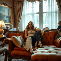 An enchanting scene featuring a beautiful young woman sitting elegantly on a vintage sofa in a luxurious living room