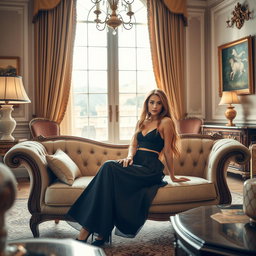 An enchanting scene featuring a beautiful young woman sitting elegantly on a vintage sofa in a luxurious living room