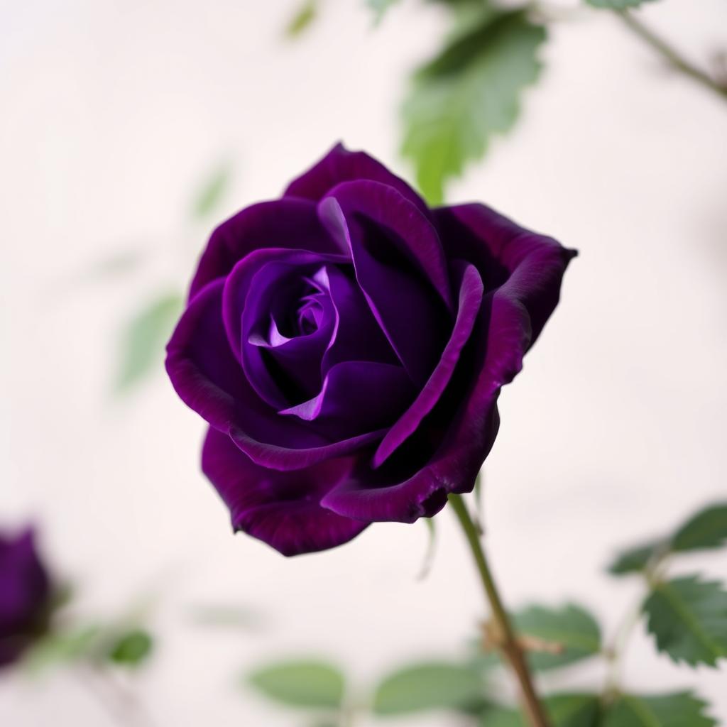 A stunning violet rose in full bloom, showcasing its deep, intense purple color and delicate petals with a slight shimmer