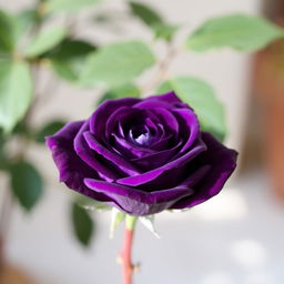 A stunning violet rose in full bloom, showcasing its deep, intense purple color and delicate petals with a slight shimmer