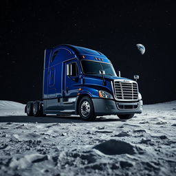 A shiny dark blue Freightliner Cascadia located on the lunar surface, surrounded by an abundance of stars sparkling against the pitch-black sky