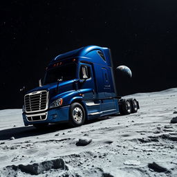 A shiny dark blue Freightliner Cascadia located on the lunar surface, surrounded by an abundance of stars sparkling against the pitch-black sky