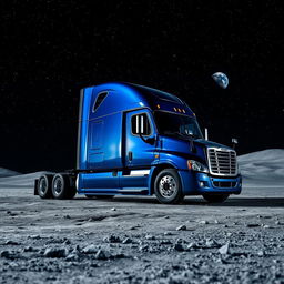 A shiny dark blue Freightliner Cascadia located on the lunar surface, surrounded by an abundance of stars sparkling against the pitch-black sky