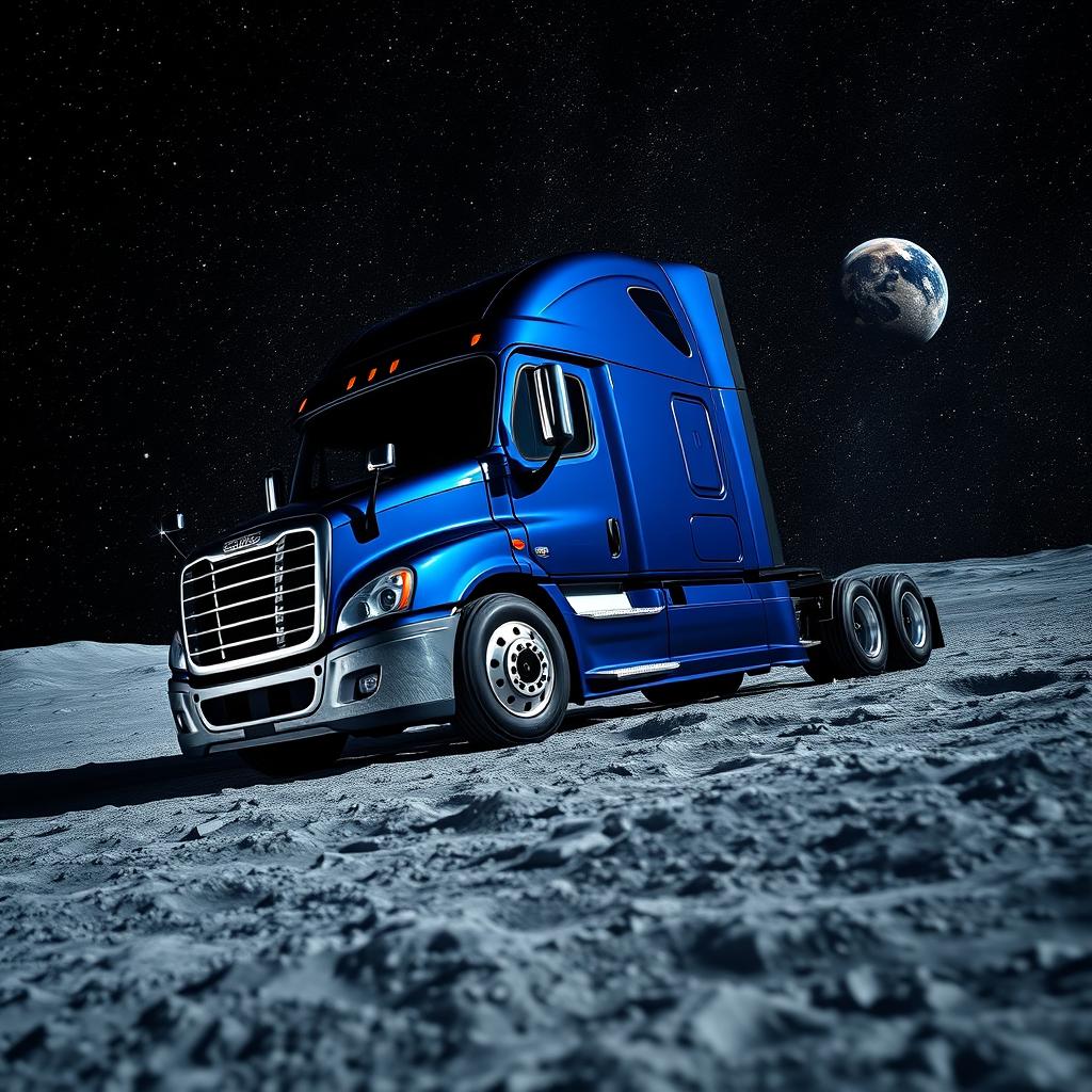 A shiny dark blue Freightliner Cascadia located on the lunar surface, surrounded by an abundance of stars sparkling against the pitch-black sky