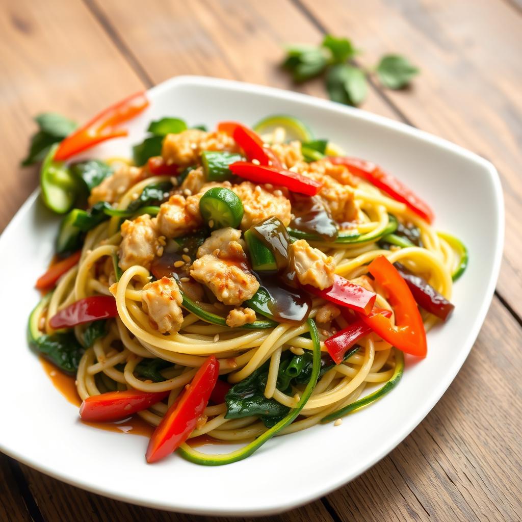 A vibrant and appetizing plate of zoodles (zucchini noodles) cooked with minced chicken, fresh spinach, and colorful peppers