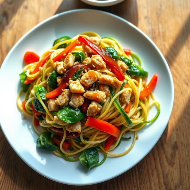 A vibrant and appetizing plate of zoodles (zucchini noodles) cooked with minced chicken, fresh spinach, and colorful peppers