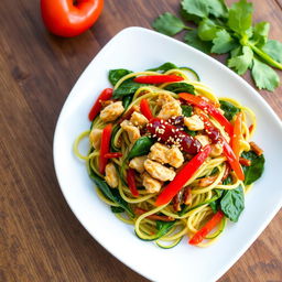 A vibrant and appetizing plate of zoodles (zucchini noodles) cooked with minced chicken, fresh spinach, and colorful peppers
