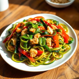 A vibrant and appetizing plate of zoodles (zucchini noodles) cooked with minced chicken, fresh spinach, and colorful peppers