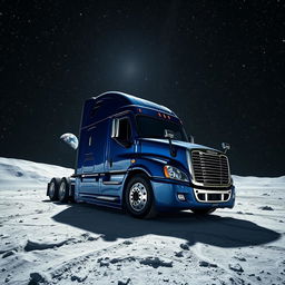A shiny dark blue Freightliner Cascadia positioned on the surface of the moon, enveloped by a dazzling multitude of stars shining brightly in the vast, dark sky