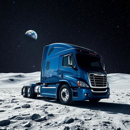 A shiny dark blue Freightliner Cascadia positioned on the surface of the moon, enveloped by a dazzling multitude of stars shining brightly in the vast, dark sky