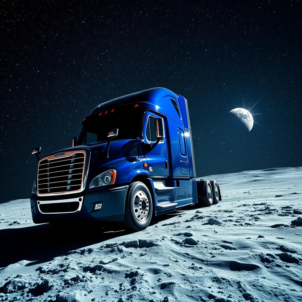 A shiny dark blue Freightliner Cascadia positioned on the surface of the moon, enveloped by a dazzling multitude of stars shining brightly in the vast, dark sky