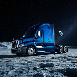 A shiny dark blue Freightliner Cascadia positioned on the surface of the moon, enveloped by a dazzling multitude of stars shining brightly in the vast, dark sky