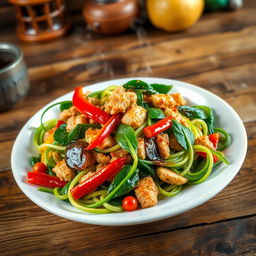 A delicious and vibrant plate of zoodles (zucchini noodles) cooked with minced chicken, vibrant colored peppers, fresh spinach, drizzled with savory oyster sauce and soy sauce