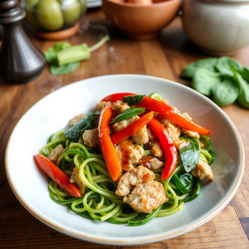 A delicious and vibrant plate of zoodles (zucchini noodles) cooked with minced chicken, vibrant colored peppers, fresh spinach, drizzled with savory oyster sauce and soy sauce