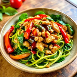 A delicious and vibrant plate of zoodles (zucchini noodles) cooked with minced chicken, vibrant colored peppers, fresh spinach, drizzled with savory oyster sauce and soy sauce