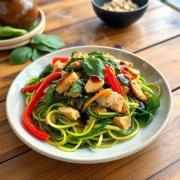 A delicious and vibrant plate of zoodles (zucchini noodles) cooked with minced chicken, vibrant colored peppers, fresh spinach, drizzled with savory oyster sauce and soy sauce