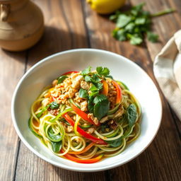 A vibrant bowl of zoodles (zucchini noodles) beautifully plated with a colorful mix of minced chicken, fresh spinach, and sliced colored peppers