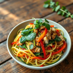 A vibrant bowl of zoodles (zucchini noodles) beautifully plated with a colorful mix of minced chicken, fresh spinach, and sliced colored peppers