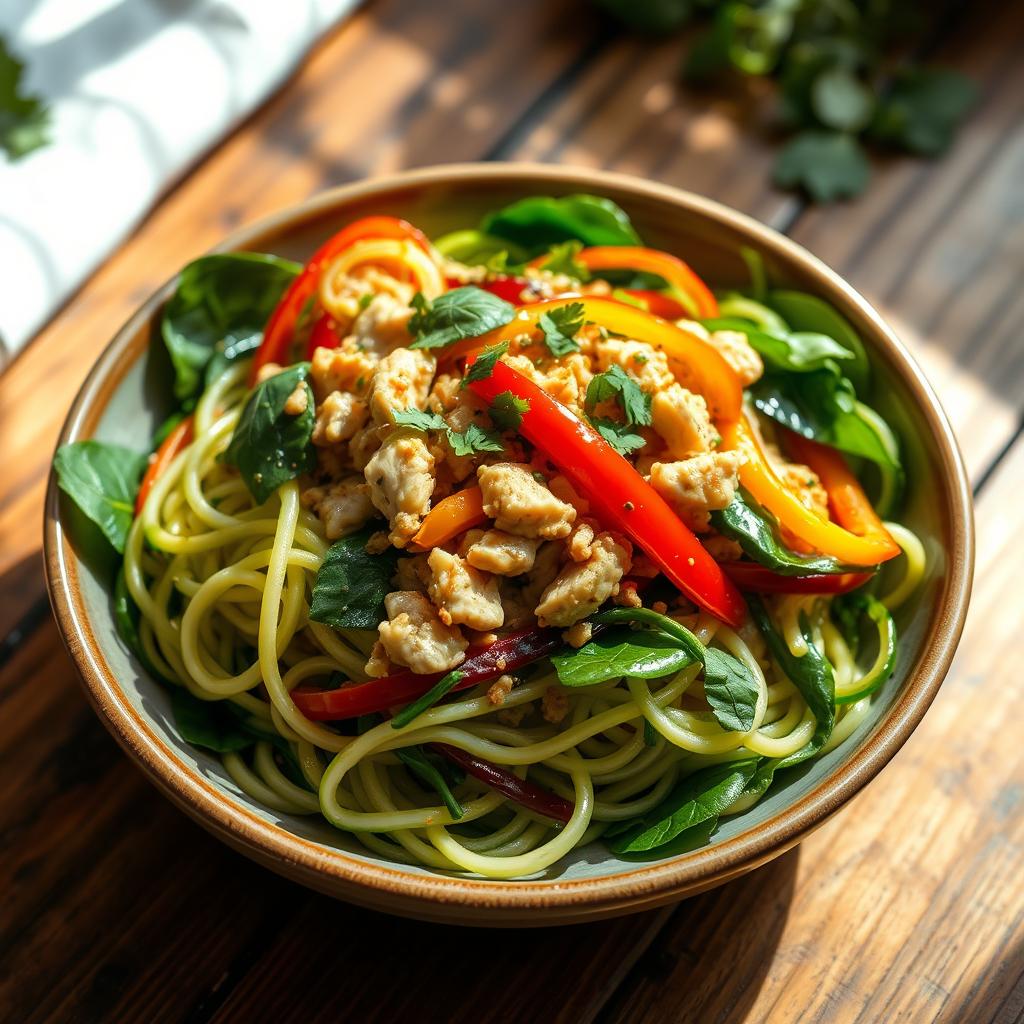 A vibrant bowl of zoodles (zucchini noodles) beautifully plated with a colorful mix of minced chicken, fresh spinach, and sliced colored peppers