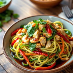 A vibrant bowl of zoodles (zucchini noodles) beautifully plated with a colorful mix of minced chicken, fresh spinach, and sliced colored peppers