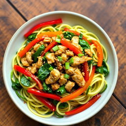 A vibrant and delicious plate of zoodles (zucchini noodles) cooked to perfection, topped with minced chicken, fresh spinach, and colorful bell peppers in a glossy oyster and soy sauce glaze