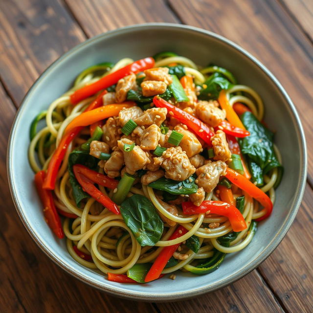 A vibrant and delicious plate of zoodles (zucchini noodles) cooked to perfection, topped with minced chicken, fresh spinach, and colorful bell peppers in a glossy oyster and soy sauce glaze