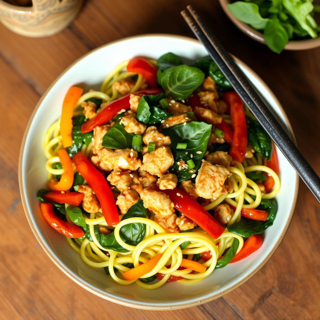 A vibrant and delicious plate of zoodles (zucchini noodles) cooked to perfection, topped with minced chicken, fresh spinach, and colorful bell peppers in a glossy oyster and soy sauce glaze