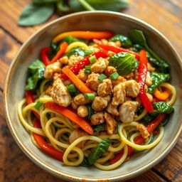 A vibrant and delicious plate of zoodles (zucchini noodles) cooked to perfection, topped with minced chicken, fresh spinach, and colorful bell peppers in a glossy oyster and soy sauce glaze