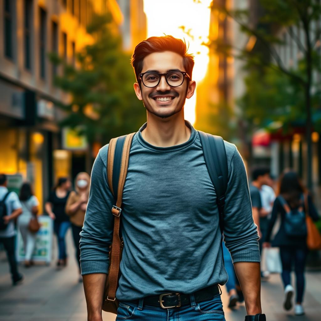 A man walking confidently down a city street, wearing a stylish, casual outfit, with a backpack slung over one shoulder